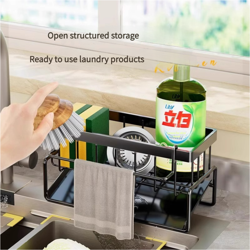 Kitchen Sink Caddy Organizer with Towel Bar & Drain Tray - Durable Metal Sponge Holder(Black) - Image 4