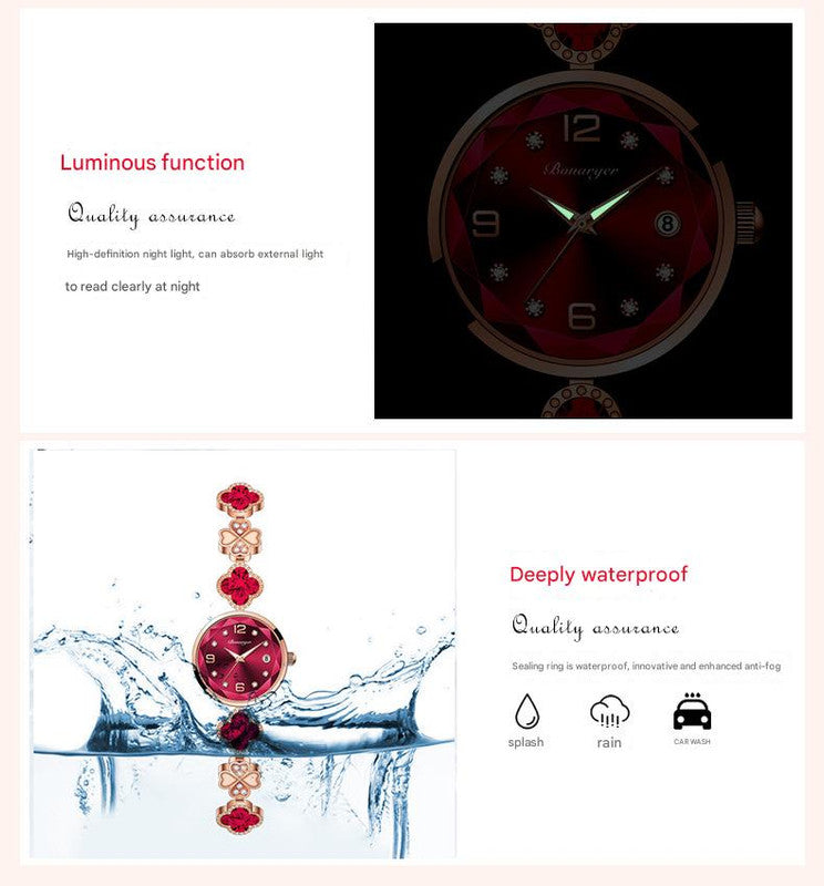 Green Women's Four-Leaf Clover Quartz Watch with Red Dial and Crystal Accents - Image 4
