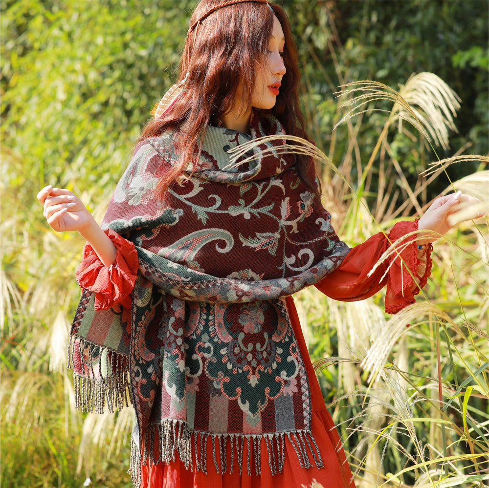 Style 1 Women's Ethnic Faux Cashmere Shawl Wrap - Jacquard Pattern Tassel Scarf (Flowers in full bloom) - Image 3