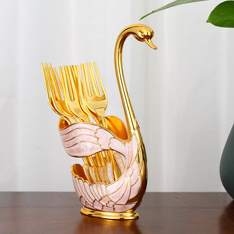 Elegant Swan Base Spoon Holder Set with 6 Coffee/Dessert Spoons(Gold Fork) - Image 3