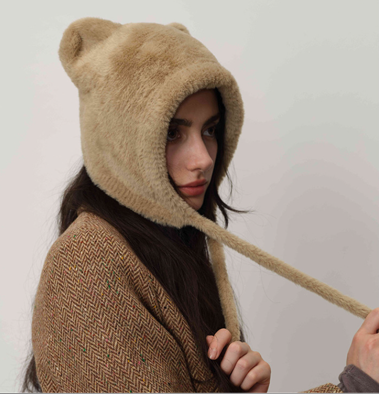 Beige Fluffy Cat Ear Winter Earflap Hat Women Knitted Warm Cold Weather Cap - Image 4