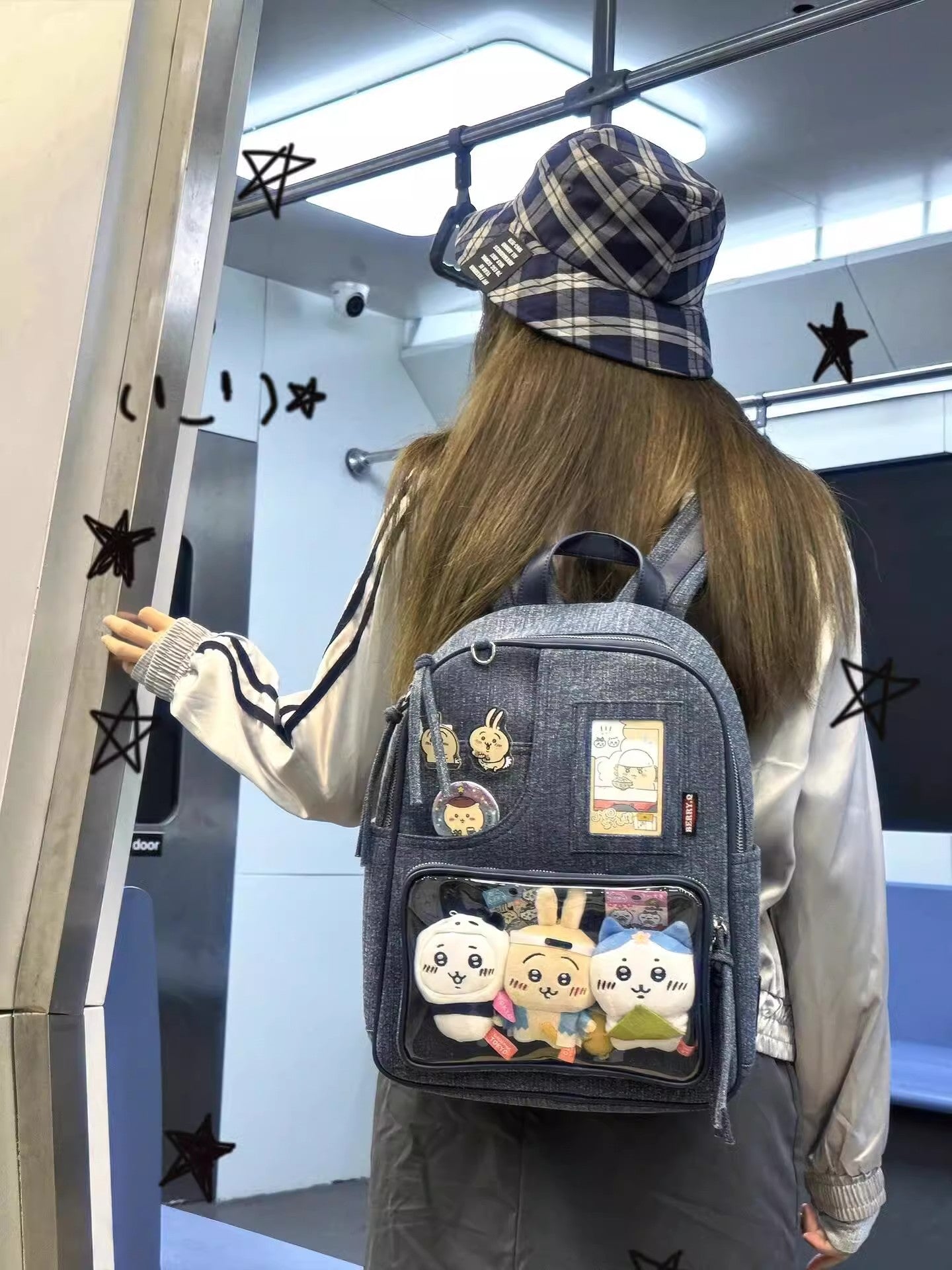 Dark blue Large Capacity Anime Denim Bookbag for School Commute Anime Fans - Image 5