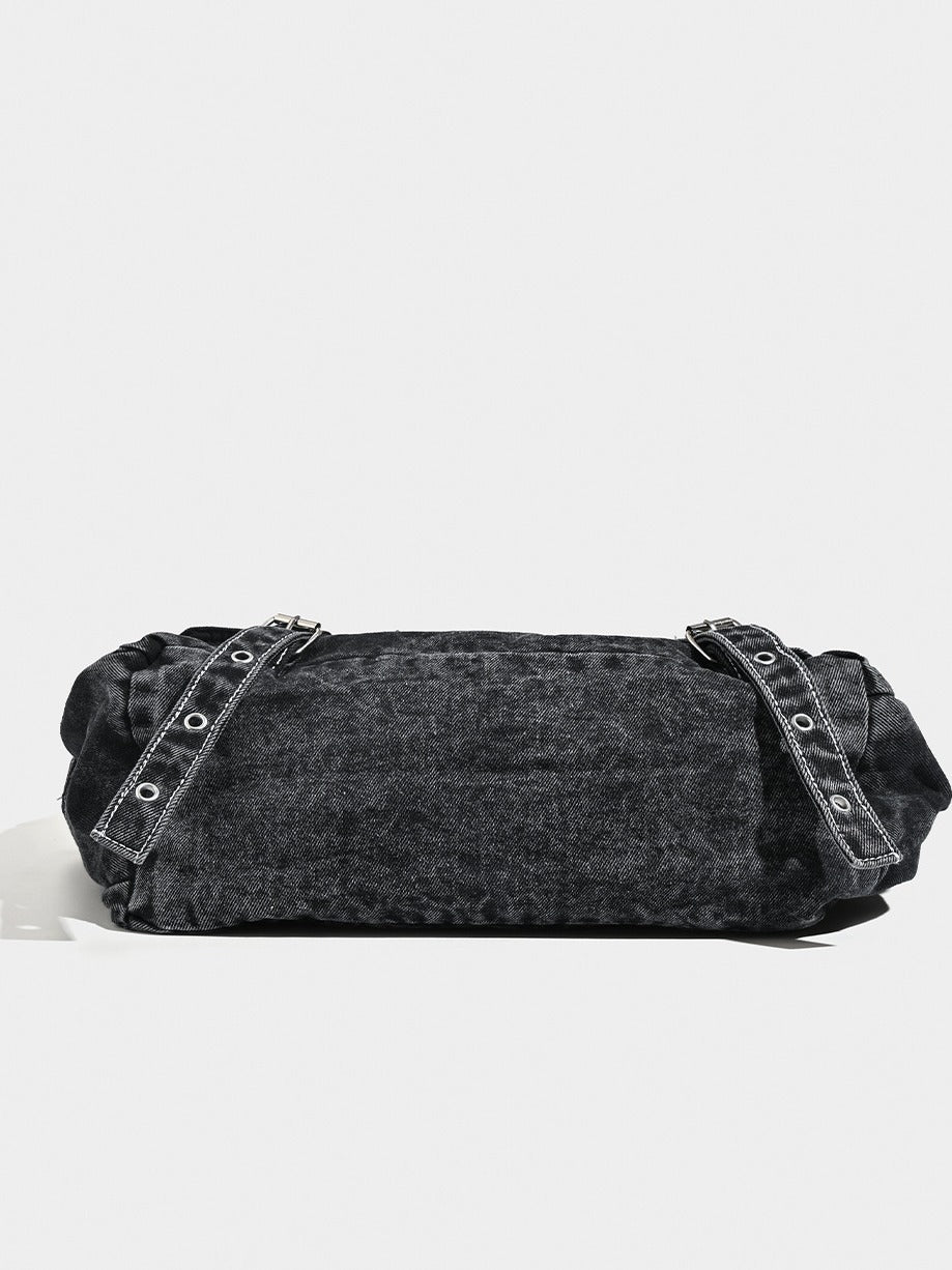 Distressed Black Denim Messenger Bag - Rivet Detail, Adjustable Strap, Large Streetwear Tote - Image 5