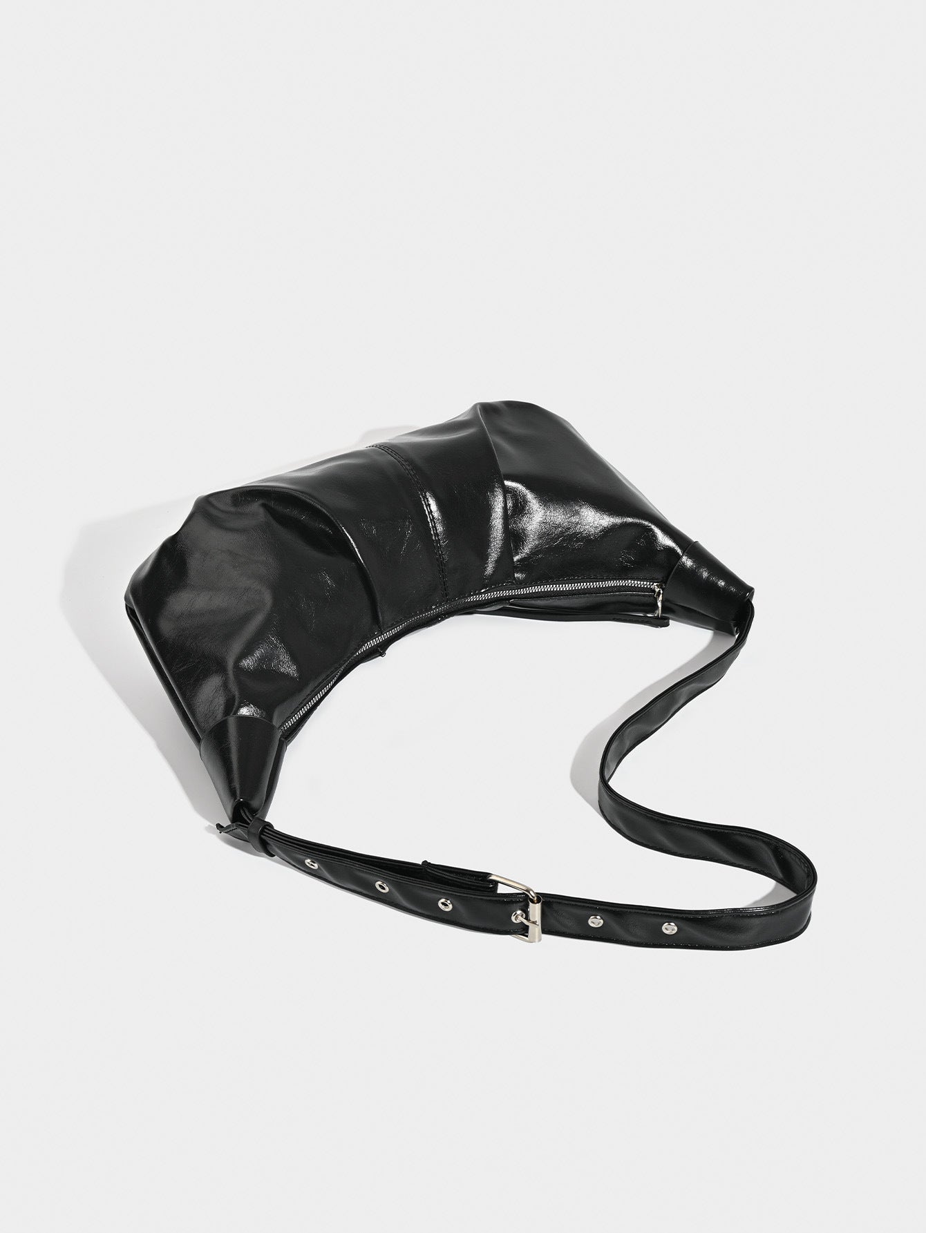 Chic Ruched Faux Leather Bag - Vintage Inspired Croissant Style, Black - Image 4