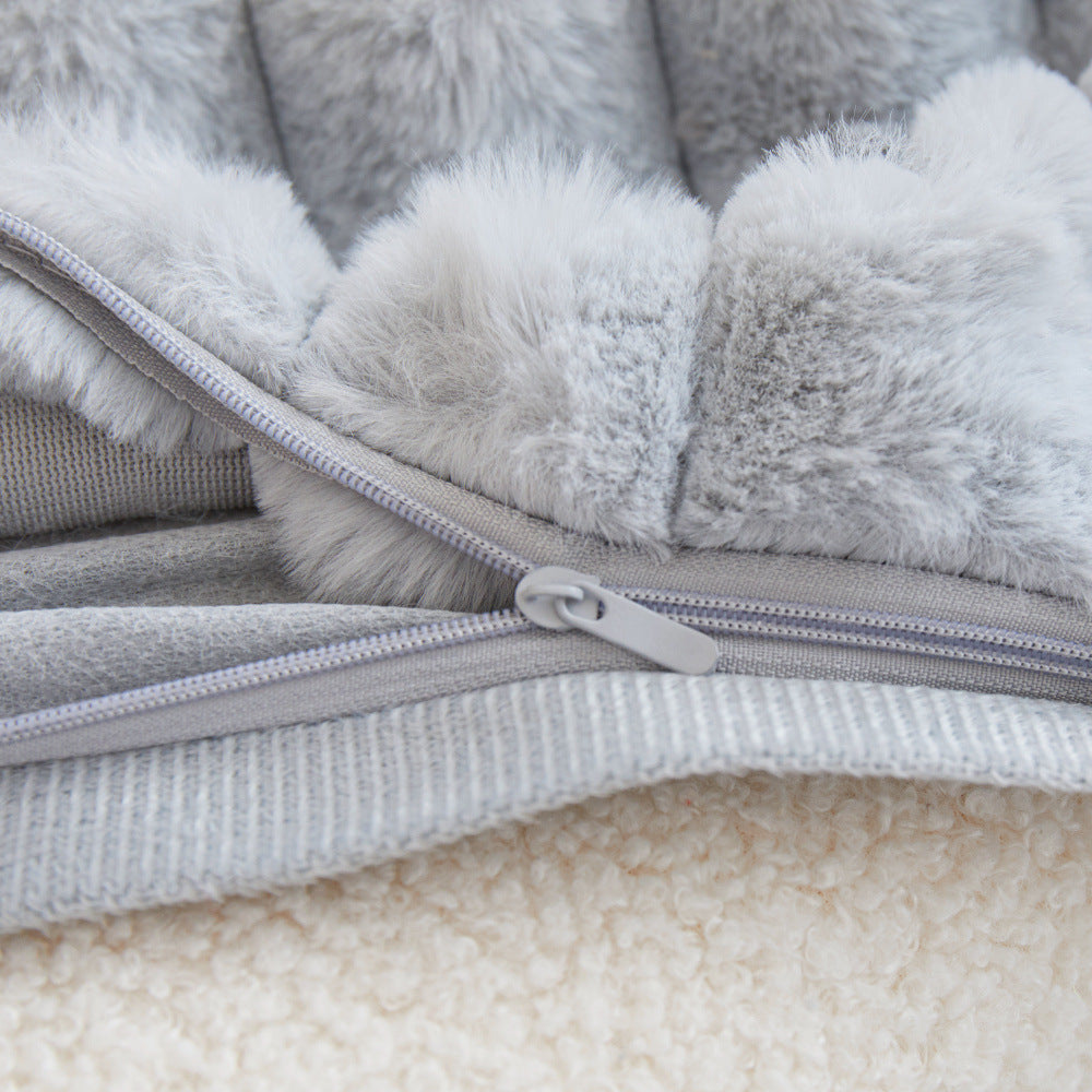 A pair of Khaki Plush Faux Rabbit Fur Throw Pillow Cover - Textured Wheat Ear Design (45x45cm) - Image 4