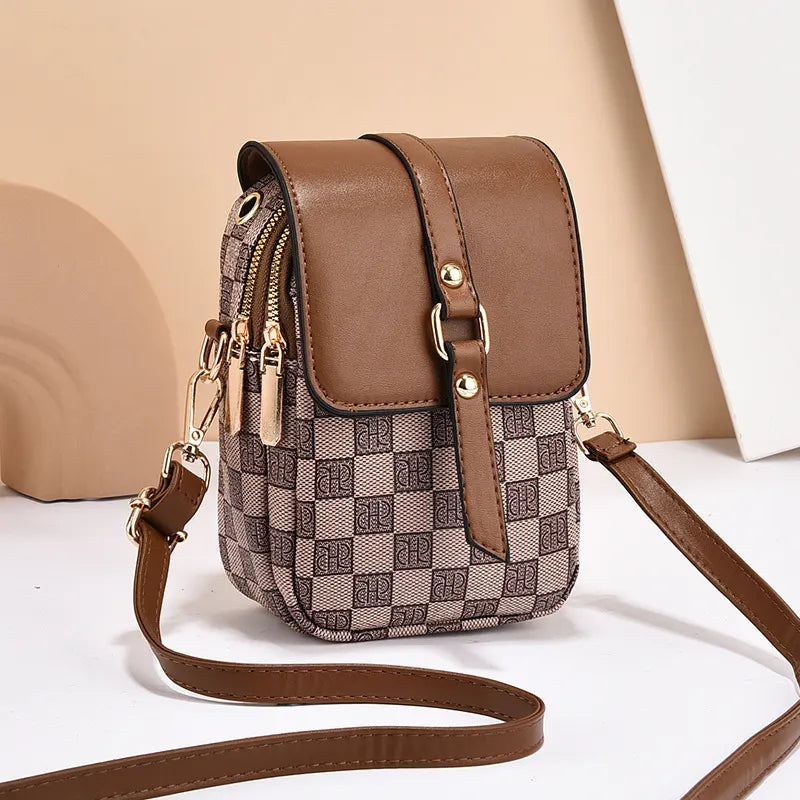 Brown Chic Checkered Mini Crossbody Phone Purse - PU Leather Vertical Shoulder Bag with Headphone Port