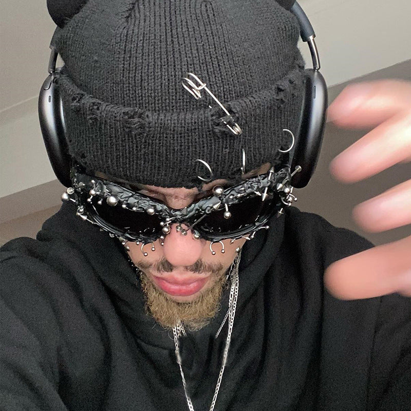 Blue Edgy Punk Rock Spiked Sunglasses - Statement Goth Studded Eyewear - Image 7