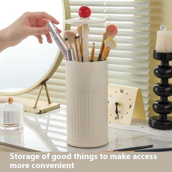 Beige Automatic Lifting Makeup Brush Holder - Dustproof Desktop Organizer with Lid & Compartments - Image 8