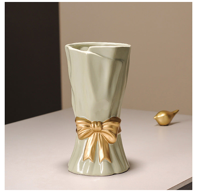 Beige Elegant Ceramic Vase with Golden Bow Accent - Textured Relief Flower Holder for Living Room & Dining Table Decor - Image 5