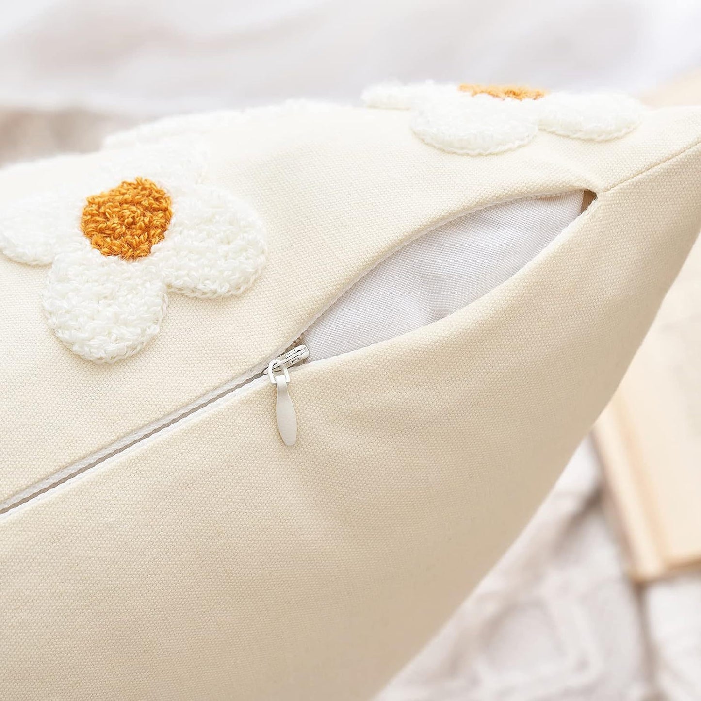 Beige and Khaki Charming 3D Daisy Embroidered Canvas Cushion Covers - Set of 2, 45x45cm Soft Textured Decorative Pillowcases - Image 3