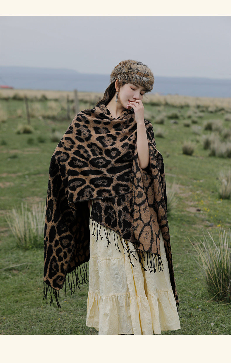 Khaki Bold Leopard Print Poncho Cape - Women's Warm Oversized Shawl Wrap (130x150cm) - Image 3