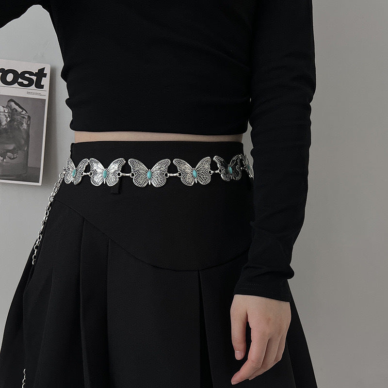 Turquoise Butterfly Belt Chain-Silver Set of 4 Bohemian Ethnic Style Metal Waist Chains - Versatile Fashion Belts for Dresses & Shirts - Image 2