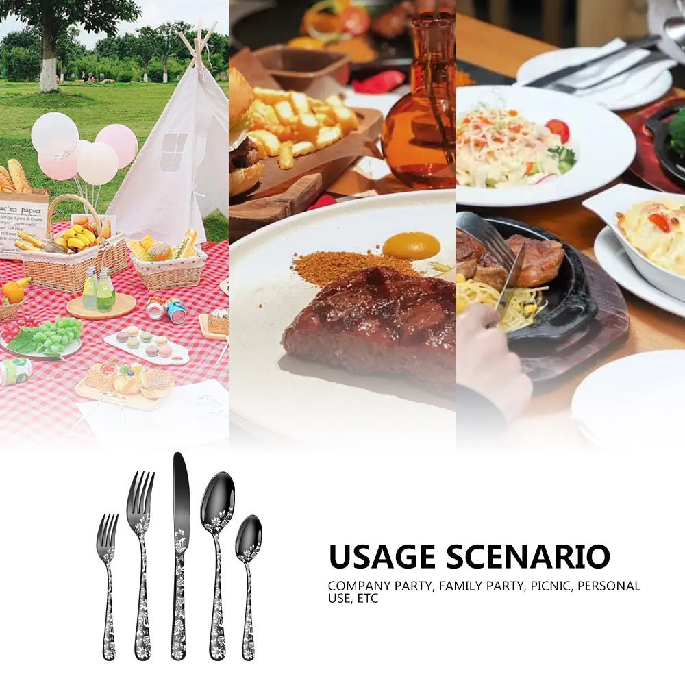 Rose Gold Elegant 20-Piece Stainless Steel Cutlery Set with Floral Design - Dinner & Steak Knives, Forks, Spoons - Image 3