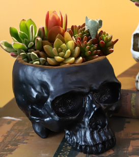 Black Halloween Skull Resin Desktop Ornament and Pen Holder - Spooky Decor - Image 2