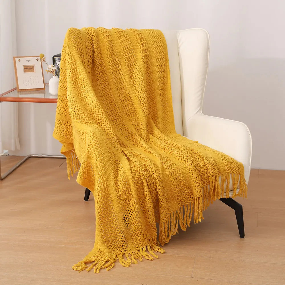 Yellow Hollow Knitted Sofa Blanket with Tassels, 120 x 165 cm, 510g, Ideal for Hotel and Home