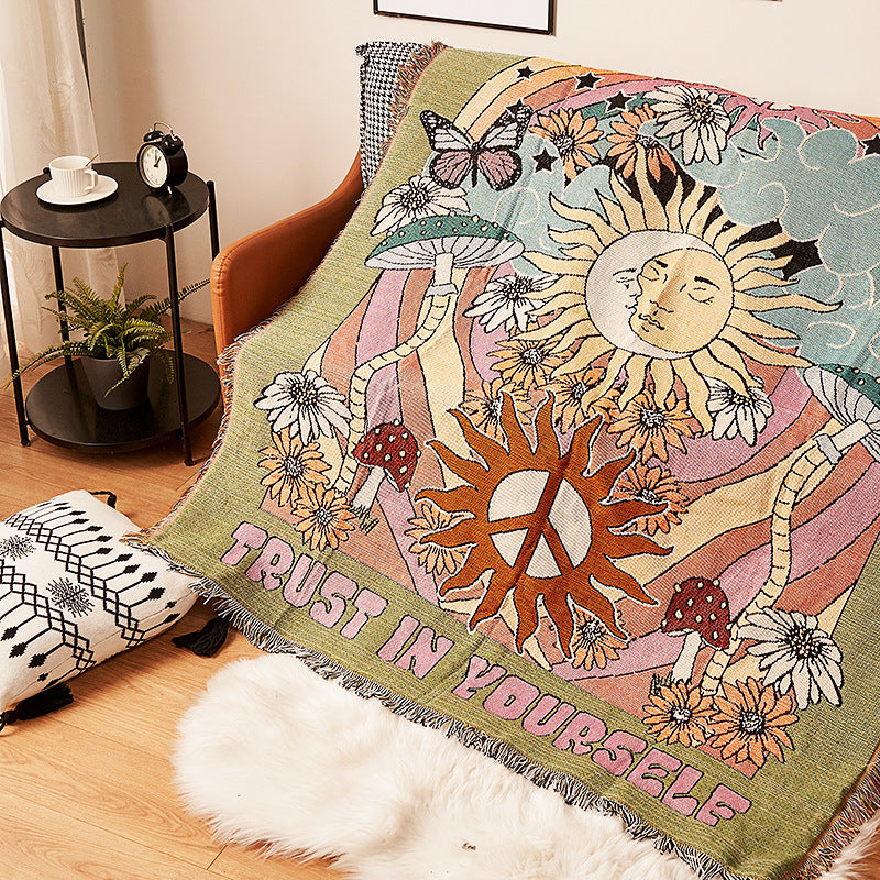 Humen Face Sun Artistic Jacquard Throw Blanket - American Style Illustrated Sofa Cover & Tapestry - 130 x 160cm - Image 2