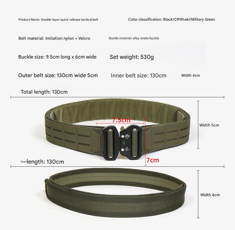 Dual Layer Quick Release Tactical Belt - Attachment System, Alloy Cobra Buckle, Adjustable Nylon(Khaki) - Image 4