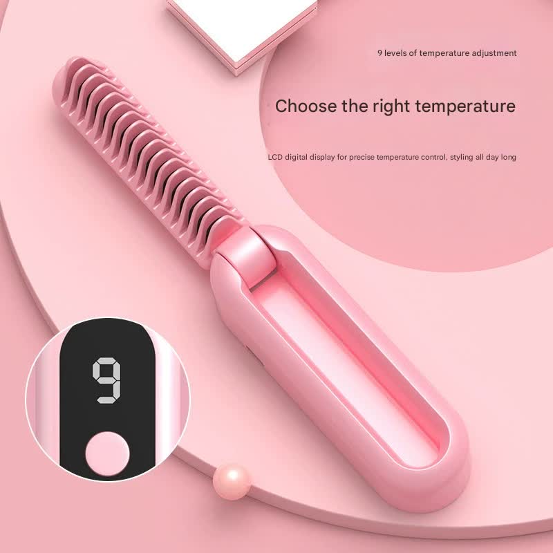 Foldable Wireless Hair Straightener Comb - 9 Temperature Settings, Anti-Scald, USB-C Rechargeable(pink) - Image 5