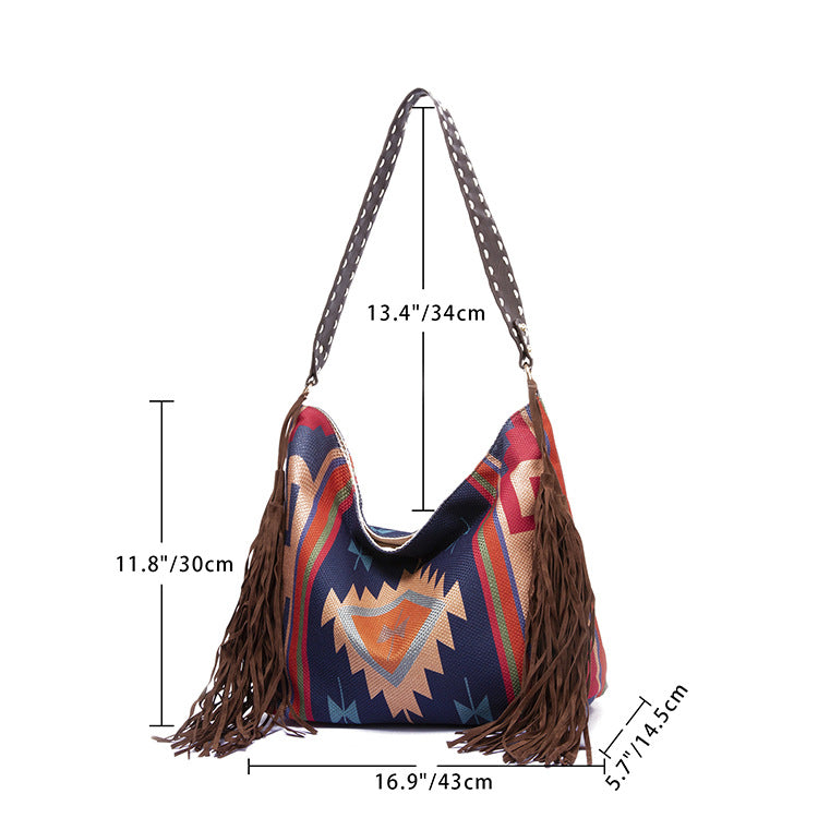 Bohemian Style Canvas Hobo Bag with Tassels & Geometric Print - Large Capacity Shoulder Bag(purple) - Image 8