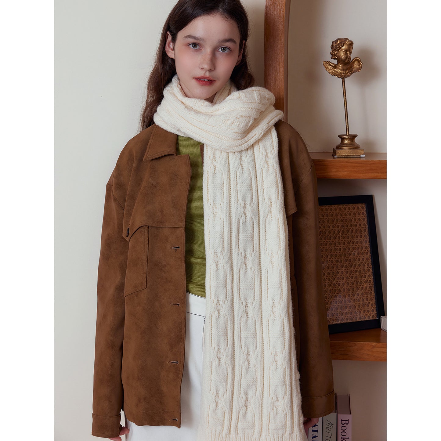 White Classic Textured Knit Scarf - Solid Color, Premium Soft Feel, Winter (176x26.5cm) - Image 4