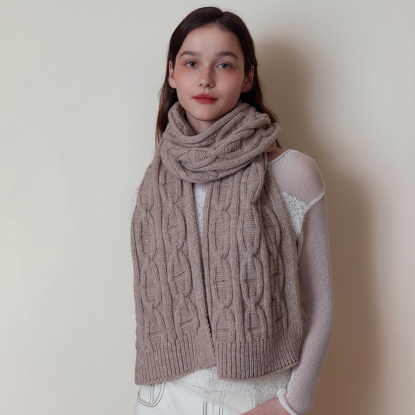 Khaki Classic Textured Knit Scarf - Solid Color, Premium Soft Feel, Winter (176x26.5cm) - Image 5