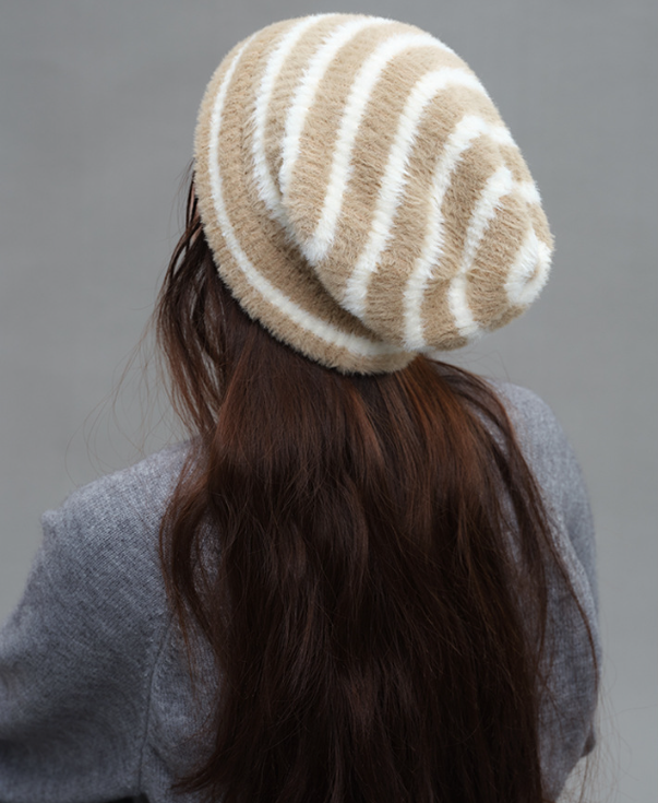 Trendy Dual-Tone Striped Beanie - Soft Plush Knit, Versatile Winter Cap (Khaki and white) - Image 3