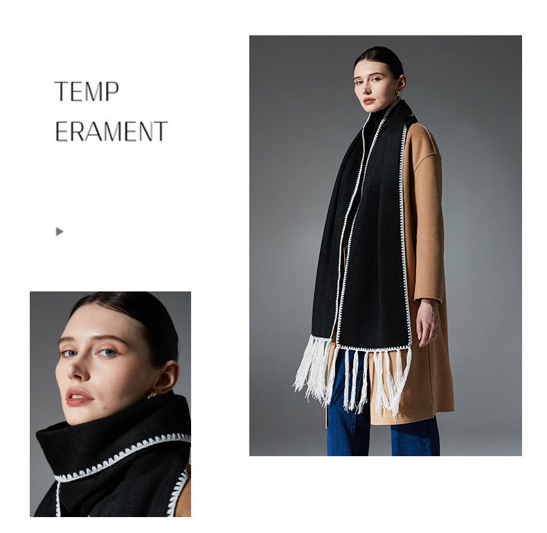 Black Contrast Edge & Tassel Scarf - Chic Autumn/Winter Neckwear (190x30cm) - Image 4