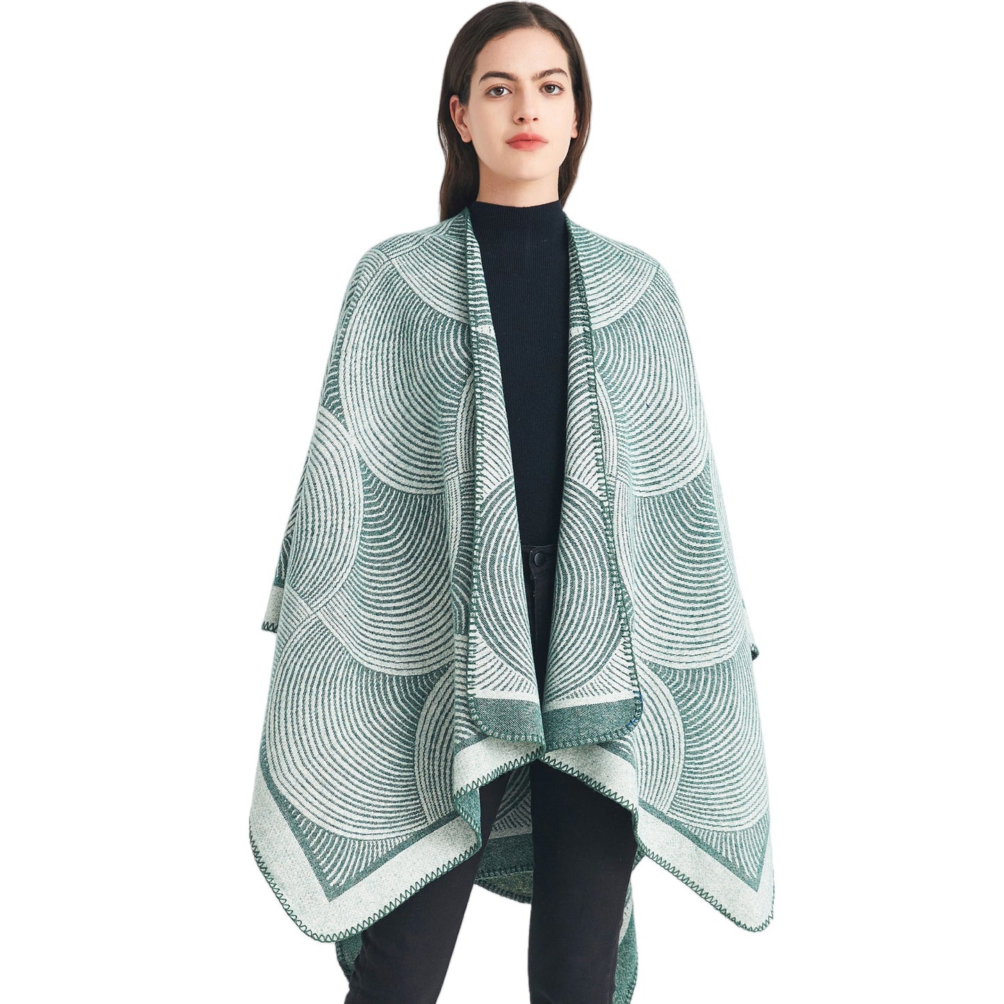 Green Geometric Print Cape - Cozy Knit Poncho for Women (165x130cm) - Image 4