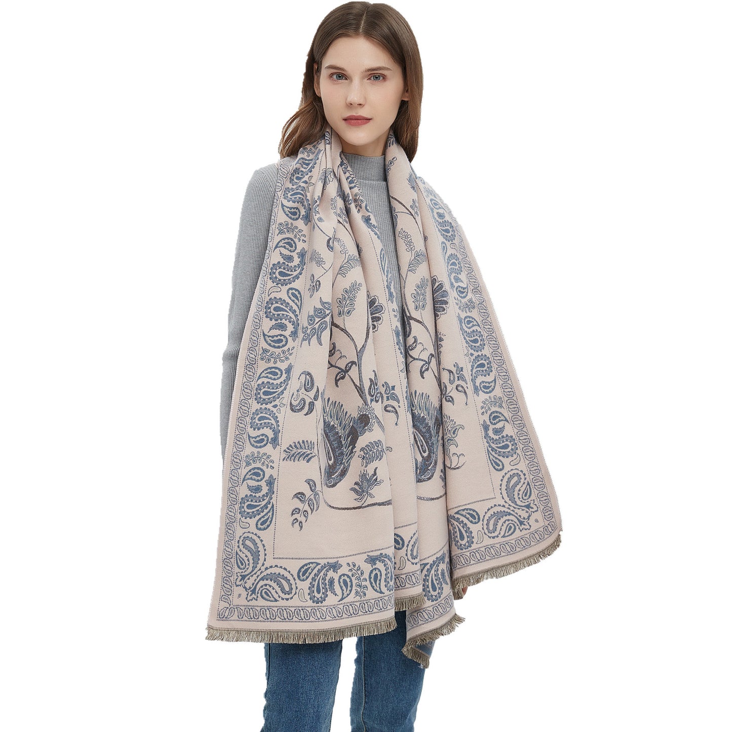 Women's Soft Jacquard Shawl - Paisley & Bird Floral Print Scarf(190x65cm) - Image 5