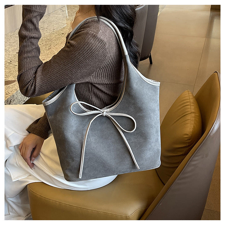 Grey Chic Retro Suede-Finish PU Leather Tote Bag - Large Capacity Shoulder Bag with Tie Accent - Image 6