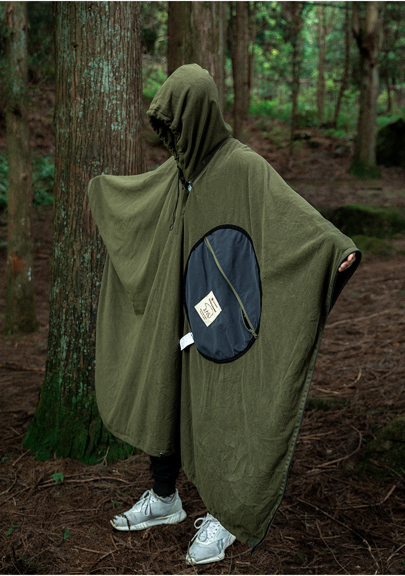 Green Cozy 4-in-1 Wearable Fleece Poncho Sleeping Bag - Multifunctional Camping Blanket with Detachable Hood - Image 9