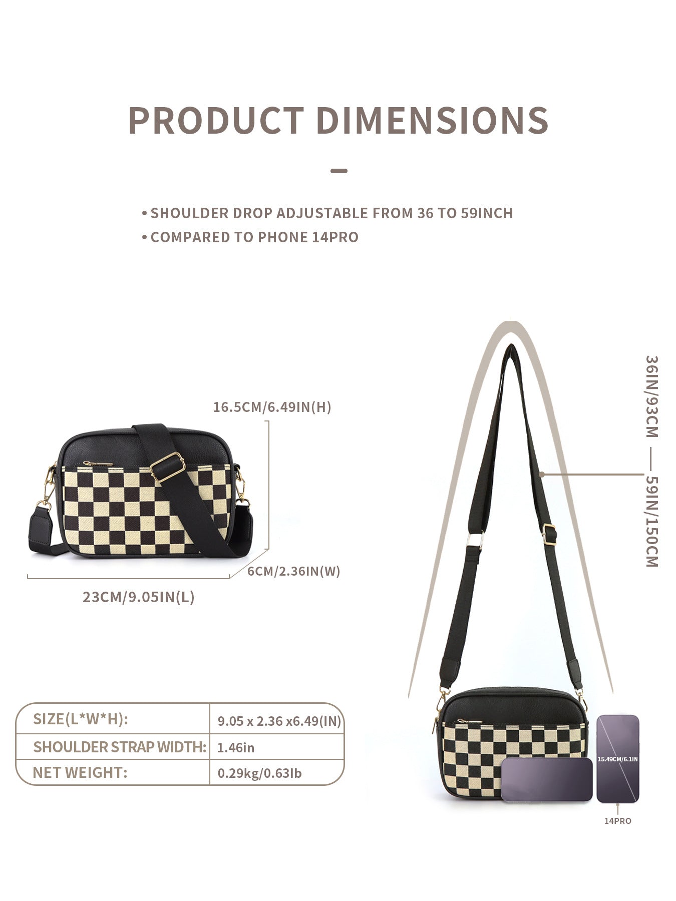 Black Stylish Checkerboard Crossbody Camera Bag - PU Leather with Adjustable Wide Strap - Image 6