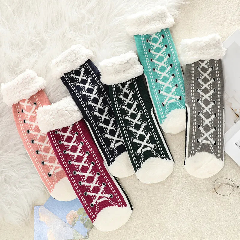 2 Pcs Black Women's Ultra Soft Sherpa Lined Slipper Socks - Cozy Warm Non-Slip Gripper Home Socks - Image 2