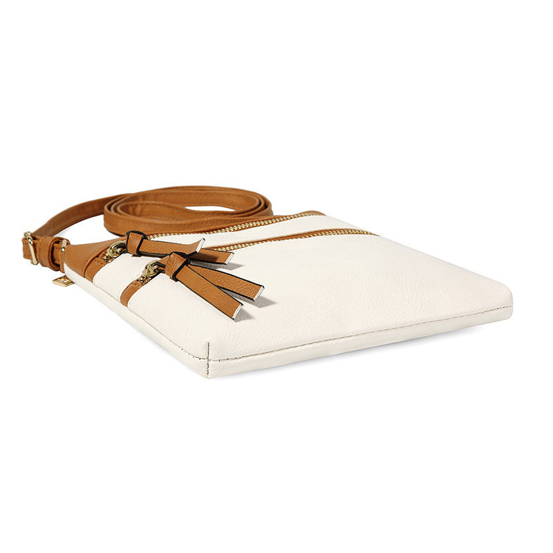 Brown and White Compact Women's Crossbody Bag - Adjustable Strap, Double Zipper Closure, 18x21cm Lightweight PU Leather Shoulder Bag - Image 5