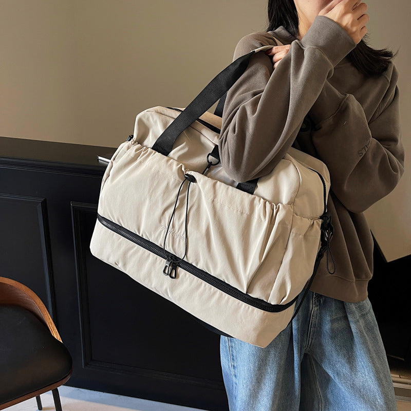 Beige and Black Large Capacity Travel Bag with Wet/Dry Separation - Canvas + Polyester, Lightweight Handbag for Short Trips and Fitness, Fits on Luggage - Image 6