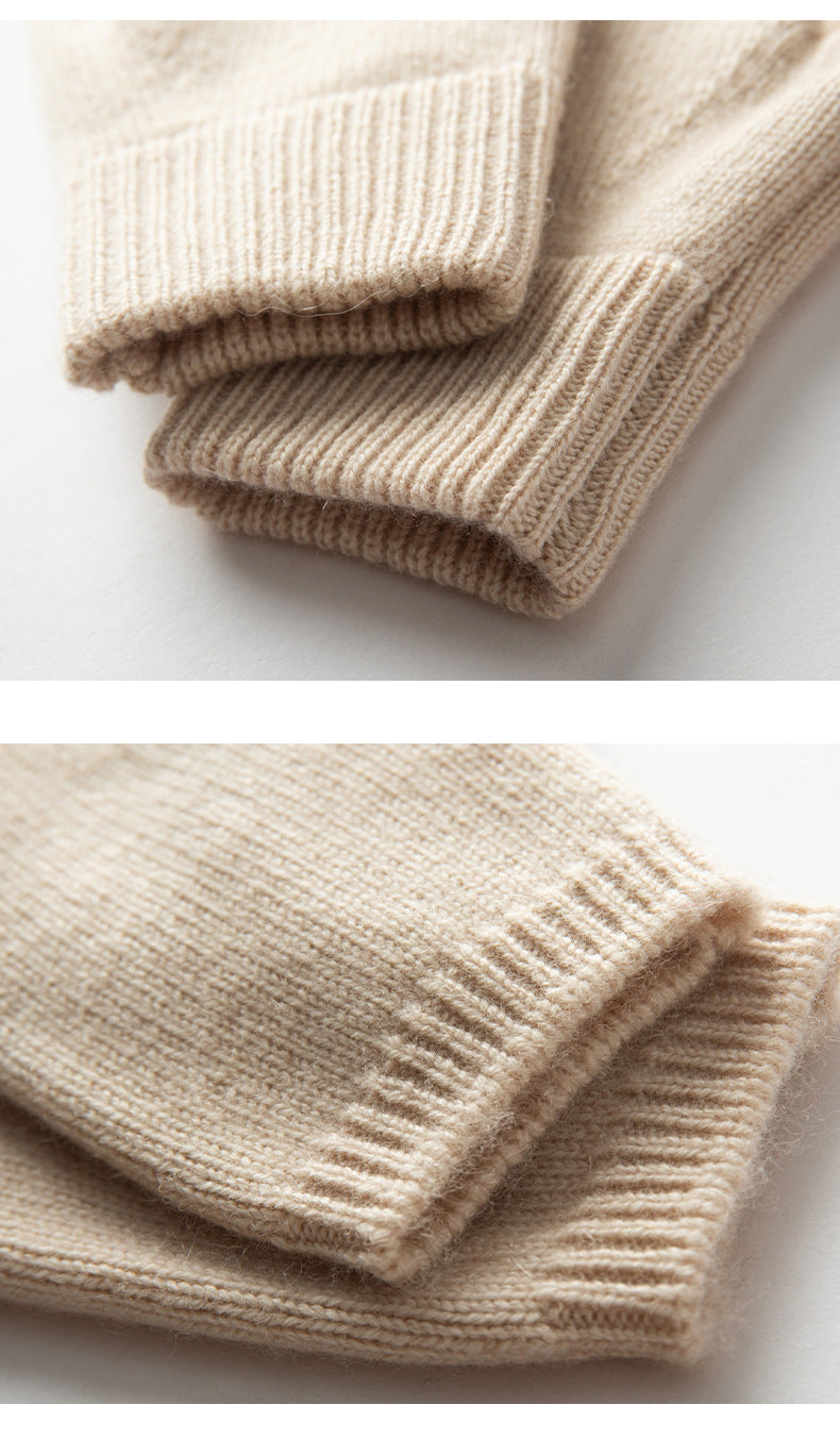 Beige Color Block Cashmere Fingerless Gloves for Women Autumn Winter Outdoor Cold Protection Warm Knitted Gloves - Image 4