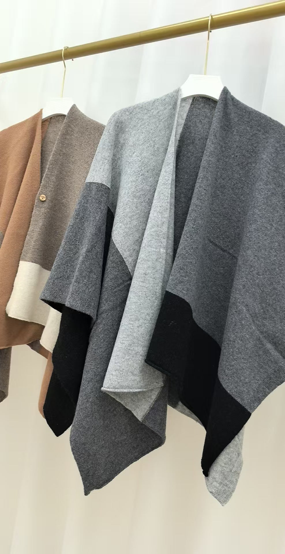 Brown Pure Wool Extra Large Shawl Scarf Color Block Multi-functional Warm Cashmere Cape Poncho - Image 5