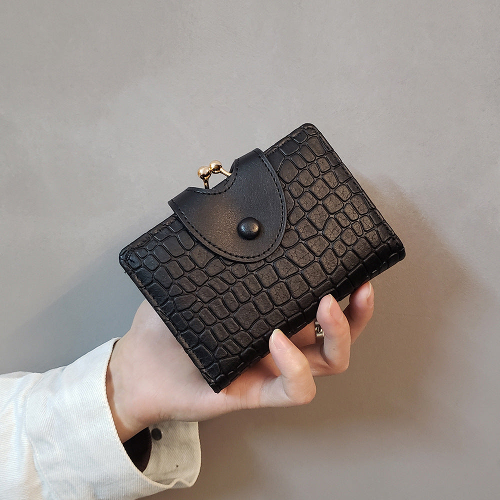 Black Elegant Croc Embossed Womens Wallet - Short PU Leather Bifold with Removable Kisslock Coin Purse & Card Holder - Image 5