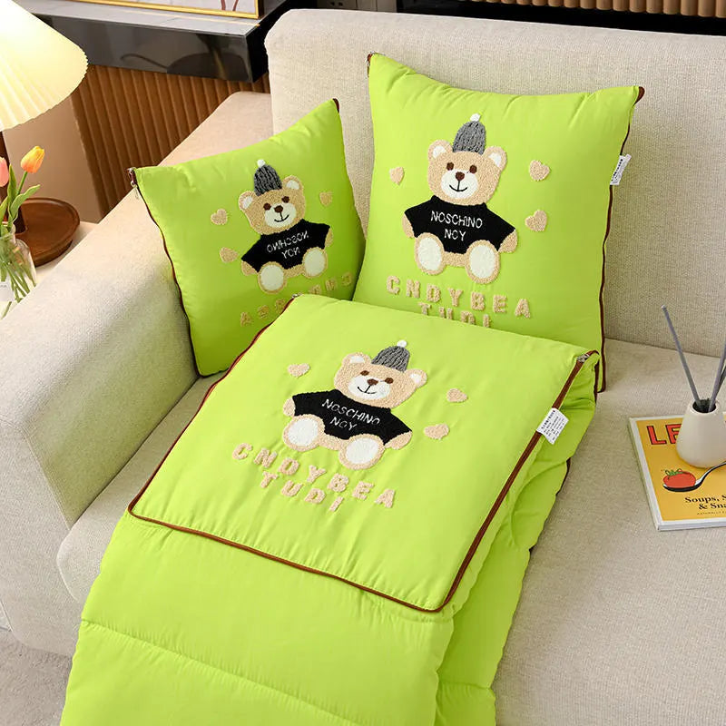 Green Cap Bear 2-in-1 Foldable Car Pillow Blanket - Cozy 40x40cm Pillow, Unfolds to 100x150cm Blanket for Travel and Office Naps