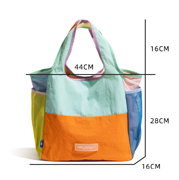 Green Vibrant Colorblock Foldable Tote Bag Lightweight Reusable Shopping Shoulder Bag - Image 3