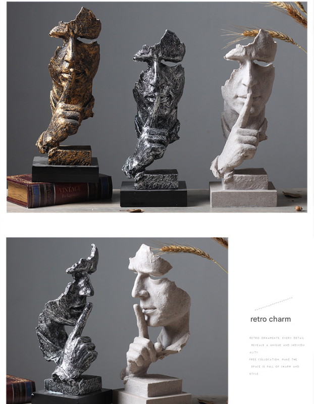 Silver Modern 'Silence is Golden' Abstract Sculpture - Nordic Resin Art Statue for Office & Living Room Decor - Image 4