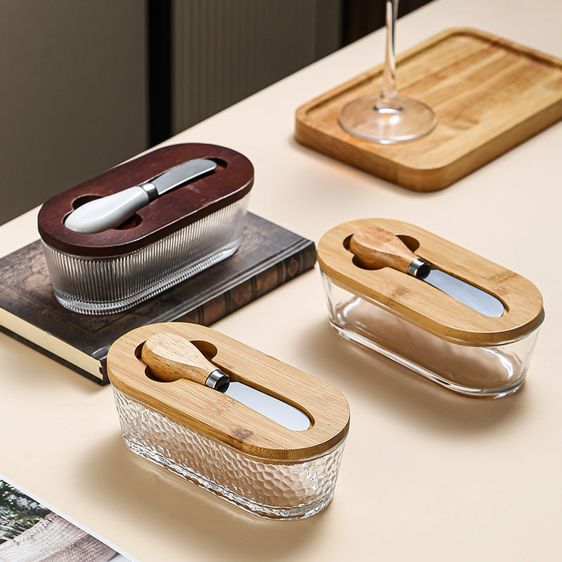 Brown - flat Elegant Glass Butter Dish with Wooden Lid & Matching Spreader - Sealed Butter Keeper for Freshness - Image 3