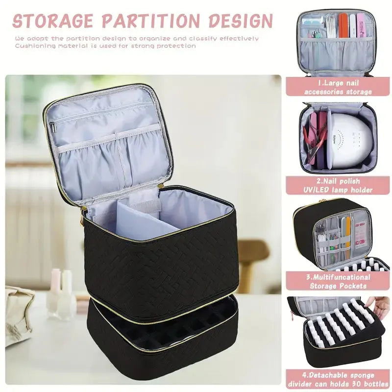 Green Professional Nail Polish Organizer Case for 30 Bottles & UV Lamp - Double-Layer Travel Storage Bag - Image 4