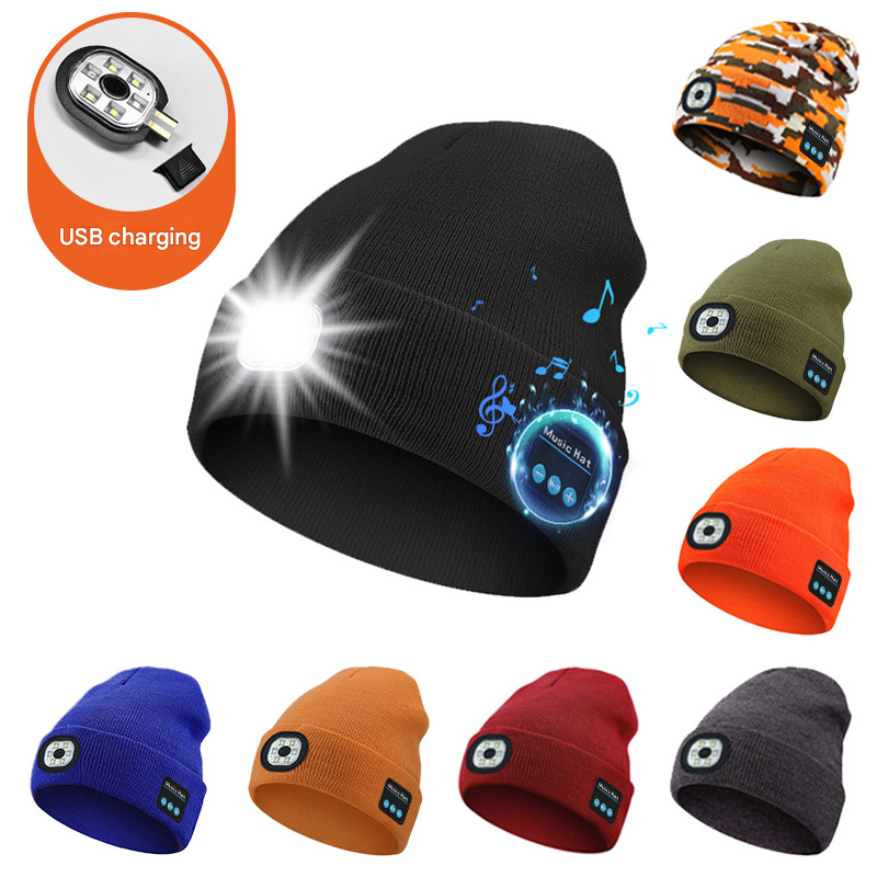 Red Wireless Bluetooth Beanie Hat with USB Rechargeable LED Headlight - Unisex Knit Cap for Running & Camping - Image 4