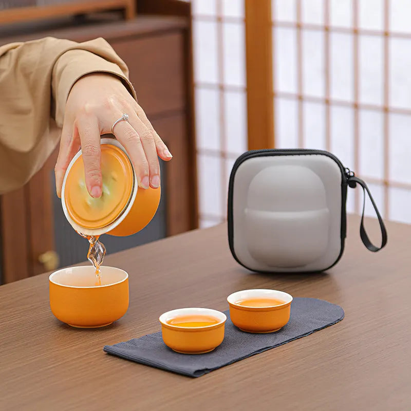 Portable Ceramic Tea Set for Travel - Quick Gaiwan with 3 Cups & Carrying Case(Light green) - Image 2