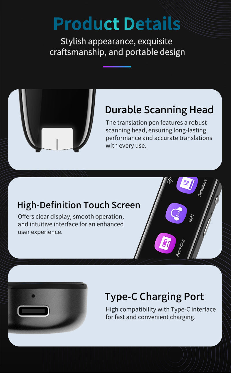 Smart AI Scan & Voice Translator Pen - 112+ Languages, Offline Mode, HD Touchscreen & Dictionary(black) - Image 9