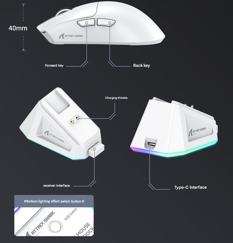 High-Performance Tri-Mode Wireless Gaming Mouse - 22000 DPI, Rechargeable, with RGB Charging Dock(white) - Image 8