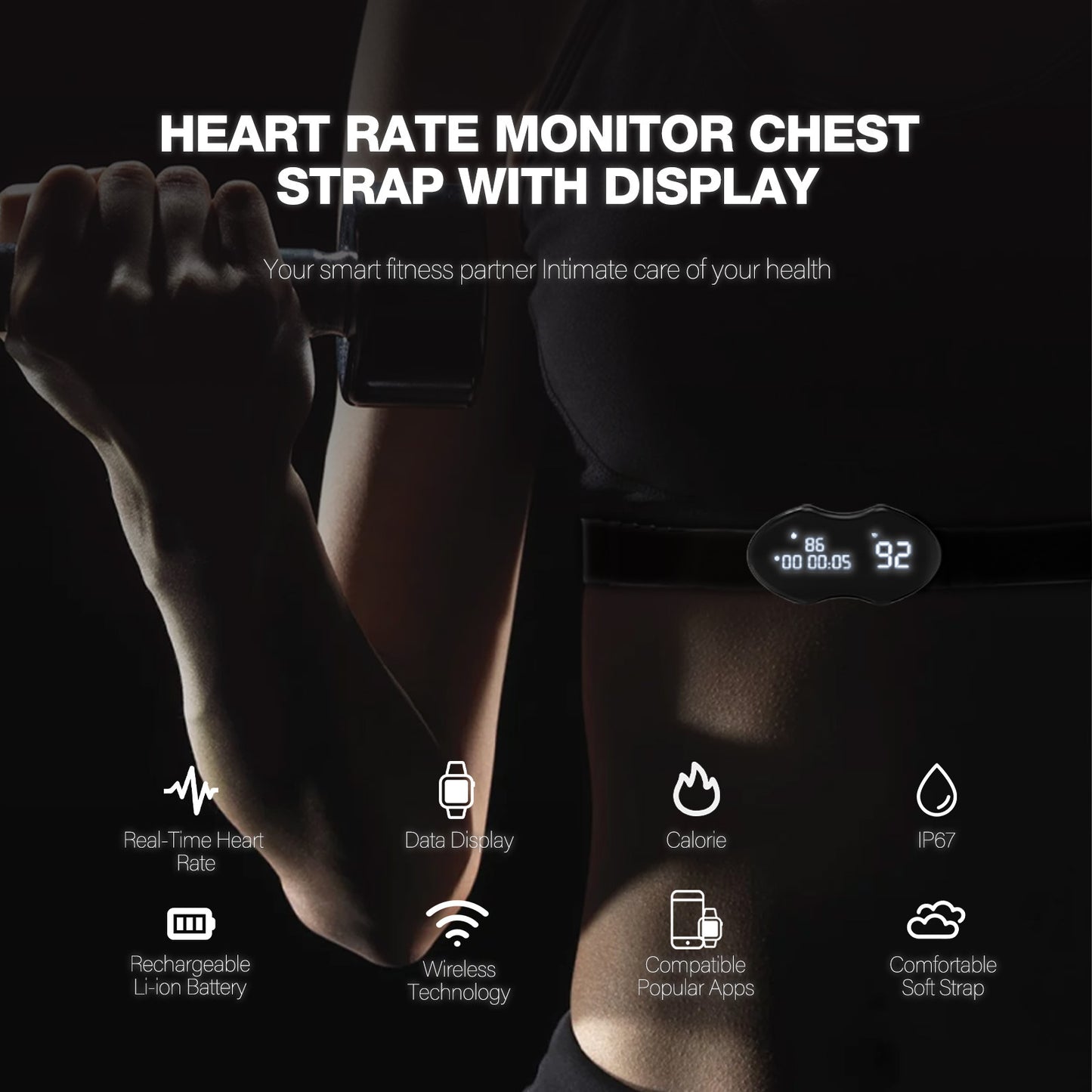 Smart Fitness Heart Rate Monitor Chest Strap with Data Display - IP67 Waterproof, Rechargeable, BLE & ANT+(black) - Image 9