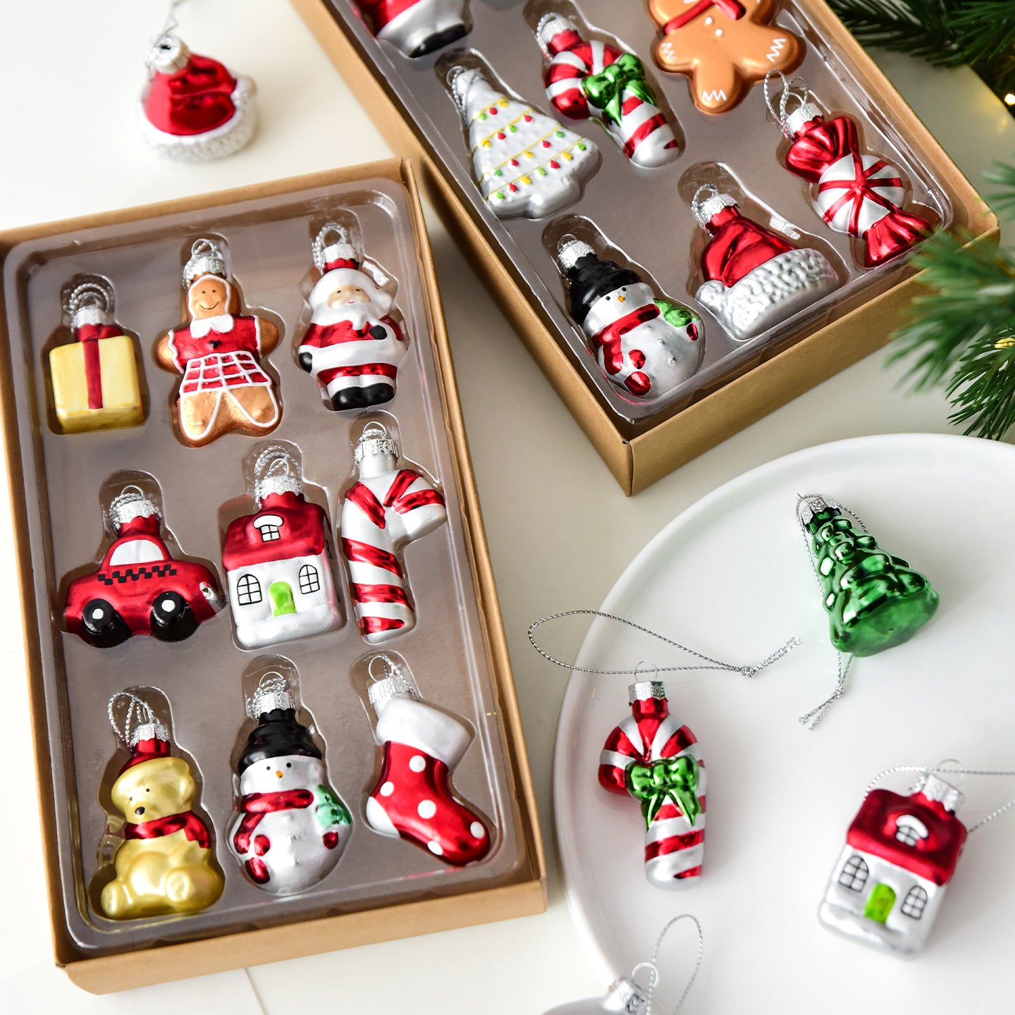 Style C Colorful Dainty Miniature Glass Christmas Ornament Set - 6pc Micro Holiday Characters - Image 8