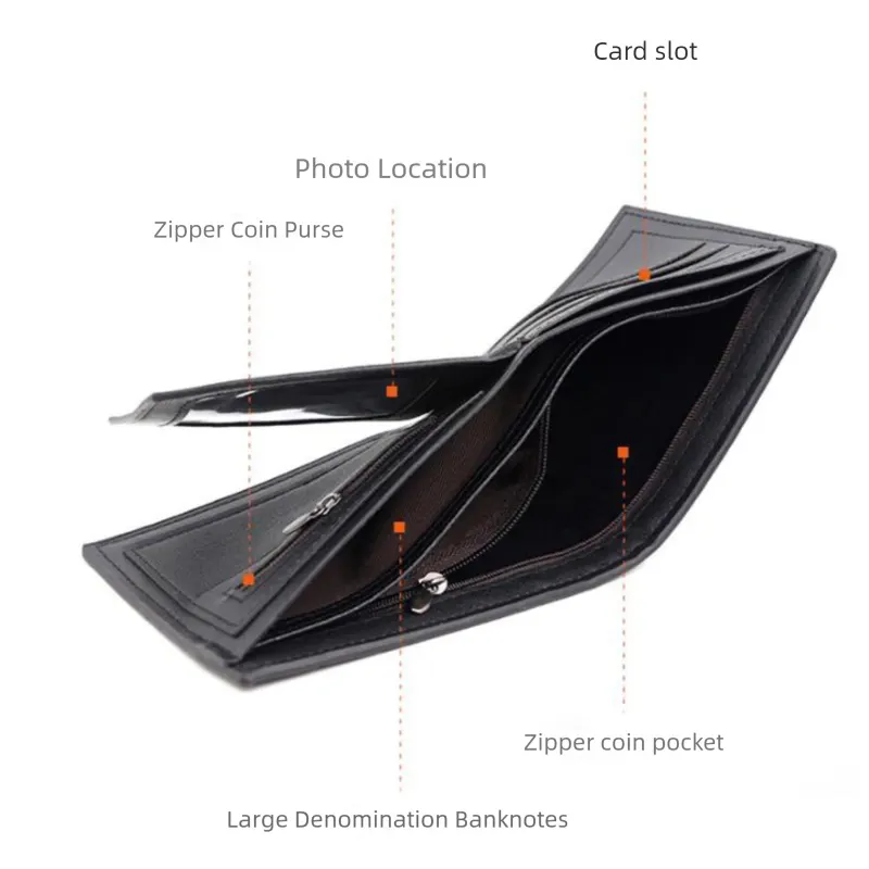 Black Men's PU Leather Bifold Wallet - Slim Short Design with Zipper Coin Pocket - Multi Card Slots and ID Window for Everyday Use - Image 4